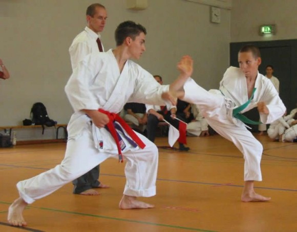 Karate practitioners fighting